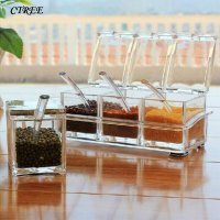 Transparent Crystal Condiments Organizers Seasoning Box Condiments 4 Spice Crystal Seasoning Box with FREE Spoons